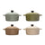 Four "1 CUP MINI BAKER WITH LID" casserole dishes by CREATIVE COOP are arranged in a 2x2 grid. The top left is light blue, the top right is olive green, the bottom left is light brown, and the bottom right is beige. Each piece of this versatile bakeware features a black knob on its lid.