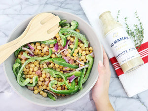 A bottle of YO MAMA'S FOODS' Classic Caesar dressing and dip. The label indicates it is gluten-free, dairy-free, and contains no added sugar. The bottle holds 13 ounces (369 grams) of product. The label features a minimalistic design with a white background and blue and gold accents.