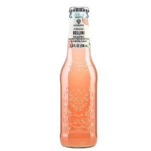 Image of a 4-pack of GALVANINA - BELLINI MOCKTAIL sparkling beverages from INTERNATIONAL GOURMET FOODS. Each clear glass bottle contains 6.8 fl oz (200 ml) of drink made with organic peach juice, showcasing a delicate peach-colored liquid inside. The packaging is white with pink accents and labeled "Organic Bellini.