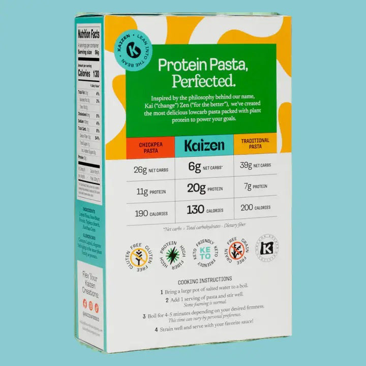 A box of KAIZEN - CAVATAPPI PASTA by KAIZEN FOOD COMPANY is shown. The packaging highlights that the pasta is gluten-free, high in protein, low in carbs, and plant-based. Nutritional information on the front indicates it has 20g of protein, 6g of net carbs, and 15g of fiber per serving.