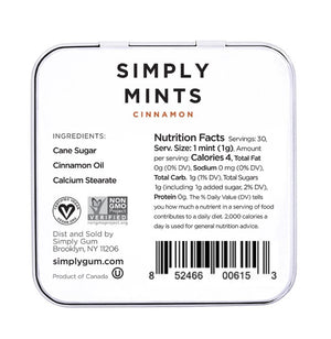 A metal tin labeled "Simply Gum - Cinnamon Mints" by Simply Gum features two cinnamon sticks illustrated below the text, hinting at a delightful fall flavor. These cinnamon mints have a net weight of 1.1 oz (30 g).