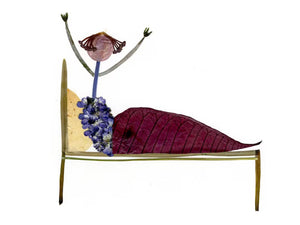 A whimsical figure crafted from leaves and flowers sits up in bed, stretching its exaggerated arms. With a bed frame made of thin brown sticks or branches enhancing this enchanting scene, the **GET WELL SOON CARD** by **PETAL PEOPLE PRESS** is perfect for capturing nature's playful essence in original botanical artwork.