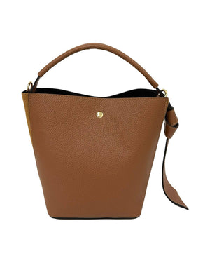 Introducing the SMALL LEATHER BUCKET HANDBAG by LE BORSETTE: This sleek white handbag boasts a structured design with a single top handle and detachable crossbody straps. With its minimalistic style and tiny gold accent on the front, its clean lines and smooth texture provide a modern, sophisticated look.