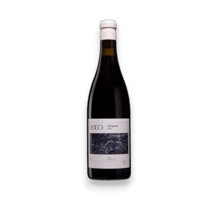A bottle of LIOCO &#39;SATIVA&#39; Carignan 2021, from WINE: PROOF, features a dark purple label with abstract artwork and minimalist design, complemented by a plain white cap.
