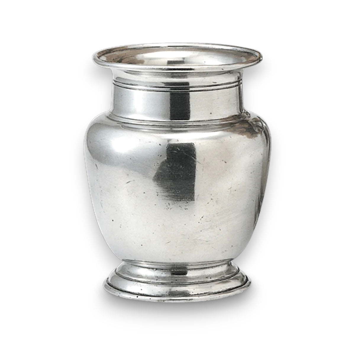 The MATCH - PEWTER RIMMED VASE MEDIUM by MATCH is a sleek silver vase with classic proportions, a wide flared mouth, rounded body, and small circular base, reminiscent of elegant pewter designs, set against a plain white background.