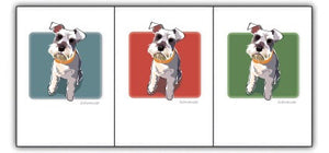 The SCHNAUSER LOOK UP by PAPER RUSSELLS features a digitally stylized Schnauzer displayed across three panels, each adorned with a unique background color: teal, red, and green. The Schnauzer is consistently depicted wearing a yellow collar and gazing upward in all panels. This artwork is printed on 100% recycled paper and proudly made in the USA.