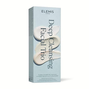 Image of a product package for "KIT DEEP CLEANSING MASK TRIO" by ELEMIS - STEINER. The box is upright with a light blue background and features images of three cream smears in white and light blue. Text details product information and benefits in English and French to exfoliate, purify, and brighten your skin.