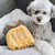 A small curly-haired gray dog is lying on a couch next to the LAMBWOLF COLLECTIVE - BANANA DOG TOY by LAMBWOLF COLLECTIVE, a soft, yellow plush toy shaped like a paw, complete with hidden squeakers. The dog appears relaxed and is looking directly at the camera.