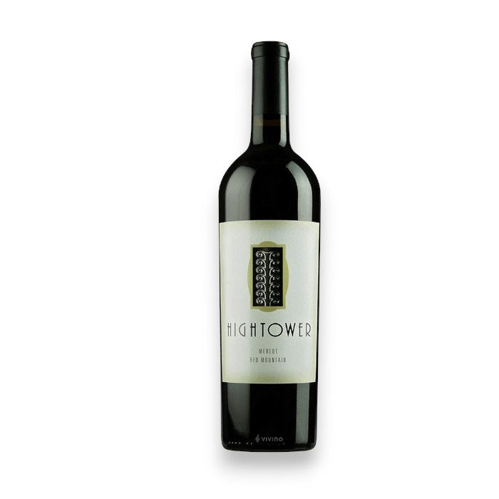 A bottle of HIGHTOWER MERLOT 2020 from OCEAN SOUTH IMPORTS, featuring a white label with brand name and tower graphic, set on a plain white background. This fruit-forward red wine is perfect for easy drinking.