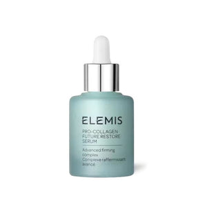 A blue-green bottle of ELEMIS - PRO-COLLAGEN FUTURE RESTORE SERUM from the brand ELEMIS - STEINER, featuring a silver cap and a dropper. The label reads "Advanced firming complex, Complexe raffermissant avancé," emphasizing collagen enhancement. Infused with marine algae to promote firm skin, the bottle is set against a white background.