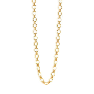 The CAPUCINE DE WULF Cleopatra Small Link Necklace 32" is an 18K gold piece with oval links, arranged symmetrically against a white background. This handcrafted necklace features a polished, shiny finish for a luxurious look.