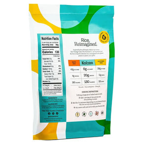 A green and light blue bag of KAIZEN - RICE by KAIZEN FOOD COMPANY is displayed. The packaging highlights key features such as being gluten-free, high protein, low carb, keto-friendly, and plant-based. The bag contains 8 ounces (226g) of rice with 20g of protein, 6g net carbs, and 15g fiber per serving.