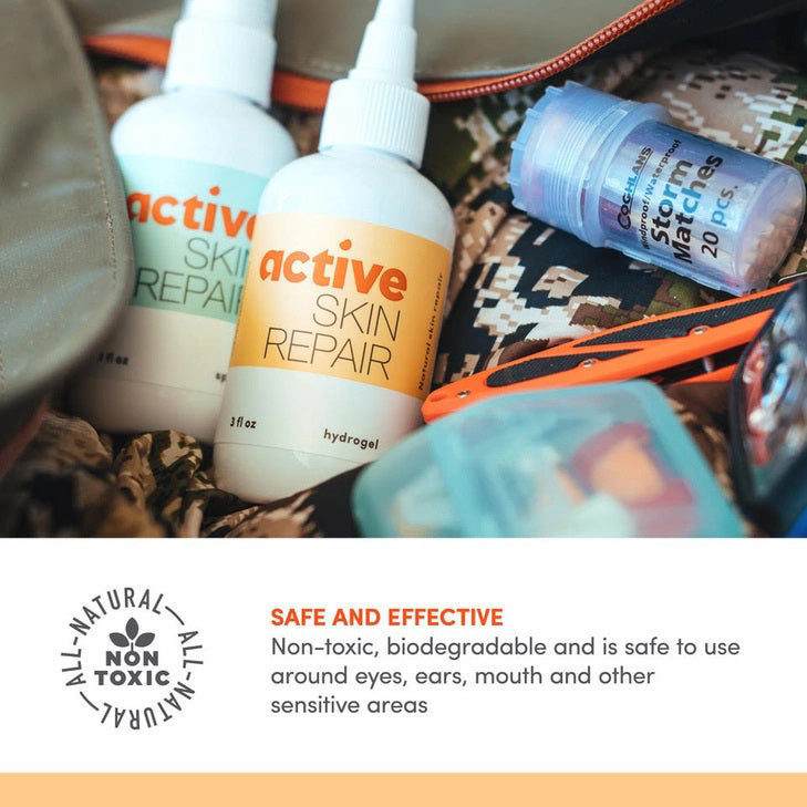 A 3 fl oz white bottle and yellow box of ACTIVE SKIN REPAIR - HYDROGEL by the brand ACTIVE SKIN REPAIR. This medical-grade, sting-free product utilizes hypochlorous (HOCl) to support the body&#39;s natural healing process. The packaging includes text and icons that highlight its usage and benefits.