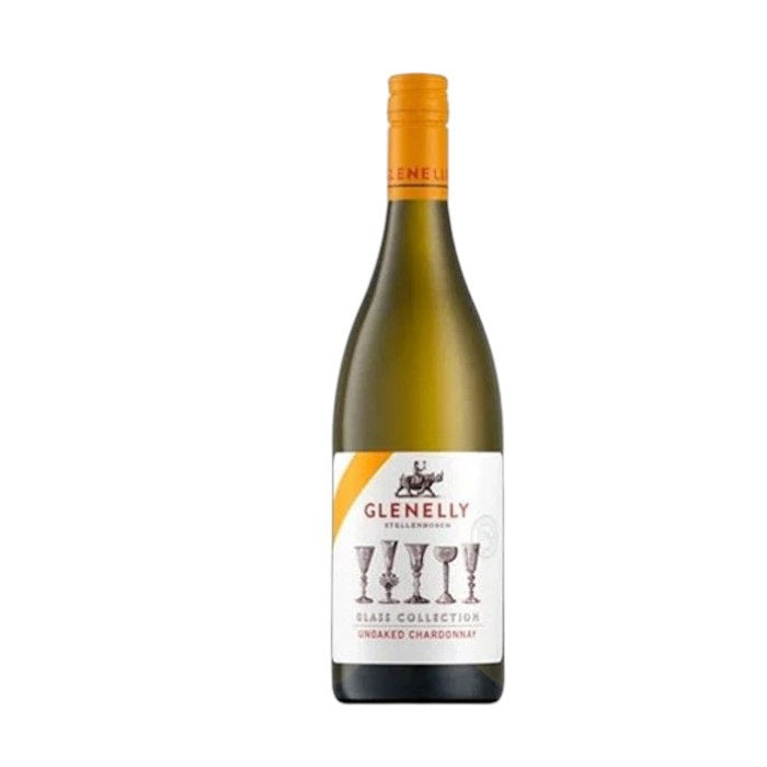 The GLENELLY &#39;GLASS COLLECTION&#39; UNOAKED CHARDONNAY 2022 from WINE: WINEBOW sits elegantly against a plain backdrop. Its label, decorated with wine glass designs, says &quot;Glenelly Stellenbosch, Glass Collection,&quot; truly embodying the spirit of South Africa&#39;s famous Stellenbosch region.