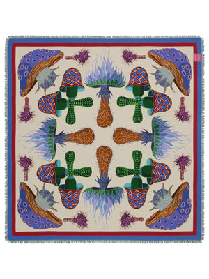 The FRANCO FERRARI - CIALDA DOUBLE SIDED FRINGE SILK SCARF 90CM, made of 100% silk, features a vibrant double-sided pattern in green, pink, orange, white, and brown hues. This colorful scarf can be folded into a triangle and tied at the top and is finished with fringed edges.