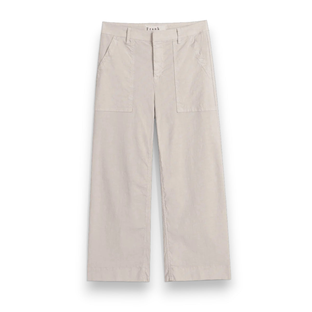 The FRANK &amp; EILEEN Wexford Patch Pocket Wide Leg Pant in Cement is a light beige Italian Performance Linen trouser with front patch pockets, belt loops, and a high waist, shown laid flat on a white background.
