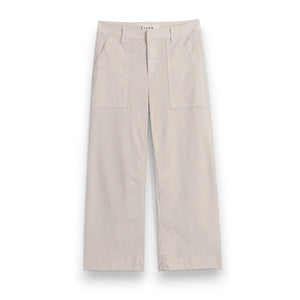 The FRANK & EILEEN Wexford Patch Pocket Wide Leg Pant in Cement is a light beige Italian Performance Linen trouser with front patch pockets, belt loops, and a high waist, shown laid flat on a white background.