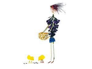 This botanical art print by Petal People Press, titled the Barnyard Party Card, features a whimsical character crafted from dried flowers and leaves, holding what appears to be a bouquet. The charming fusion of purple and green alongside yellow flowers reminiscent of baby chicks stands out against the white background, ideal for a farmyard country theme.