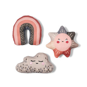 The FRINGE STUDIO Mini Rain or Shine Dog Toy set by PET SHOP BY FRINGE STUDIO features three durable cotton canvas plush toys: a striped rainbow, a smiling pink and gray star, and a cloud with raindrop designs. Ideal for small dogs, each toy has an adorable smiling expression.