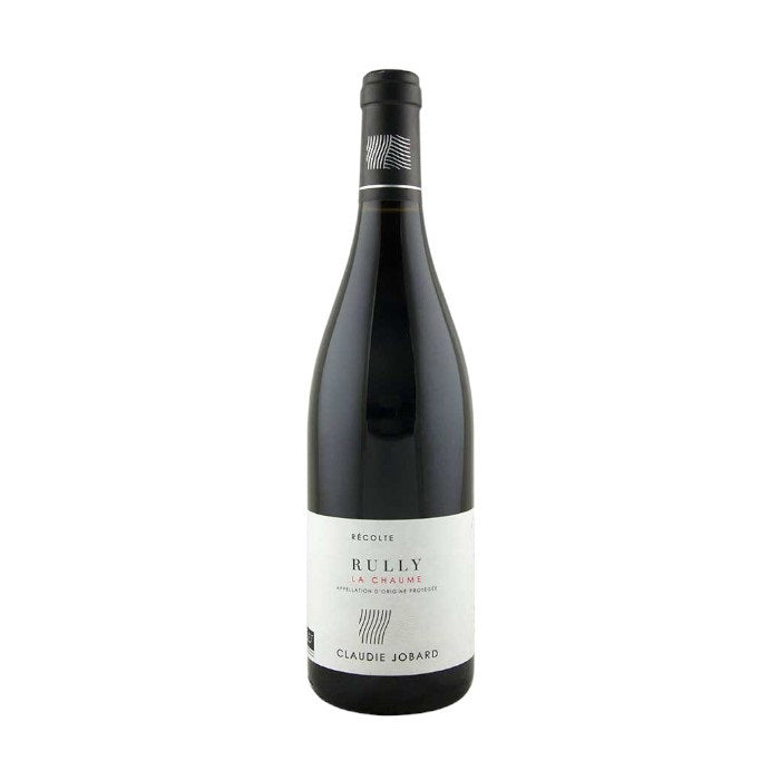 The CLAUDIE JOBARD &#39;LA CHAUME&#39; RULLY 2020 by WINE: ORSINI features a dark glass bottle with a minimalist white label displaying black and gray text. A black capsule tops the cork, indicating it&#39;s a French Pinot Noir from Rully, Côte Chalonnaise, Burgundy.