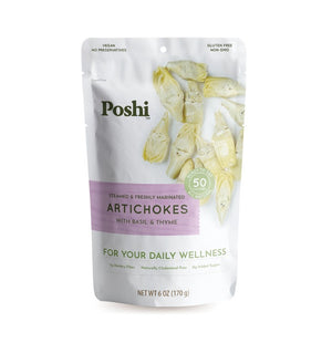 A white, resealable bag of POSHI - BASIL&THYME steamed artichokes. This ready-to-eat package features artichoke pieces and text emphasizing "50 calories per serving," "vegan," "no preservatives," "gluten free," "non-GMO," and "for your daily wellness." Net weight 6 oz (170g).