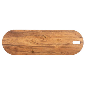 The ACACIA CHEESE BOARD WITH HANDLE by CREATIVE COOP is an oval-shaped cutting board crafted from acacia wood, featuring a smooth, polished surface and natural wood grain patterns. One end of the board includes a handle hole for easy hanging, making it ideal for serving cheese.