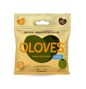 A sealed beige snack pack of POSHI brand, labeled "OLOVES - LEMON & ROSEMARY." The pack features an illustration of green olives. Text on the pack highlights it as a "Low Calorie Snack" and mentions 50 million packs sold. Pack size is 30g (1.1 oz).