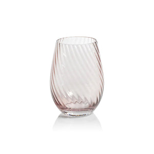 The ZODAX SAVOY OPTIC SWIRL STEMLESS GLASS, featuring a light pink tint and a swirled textured design on the exterior, is depicted against a white background. This rounded glass boasts a smooth, polished finish and ample capacity for your favorite vintage, perfectly capturing elegance in its design.