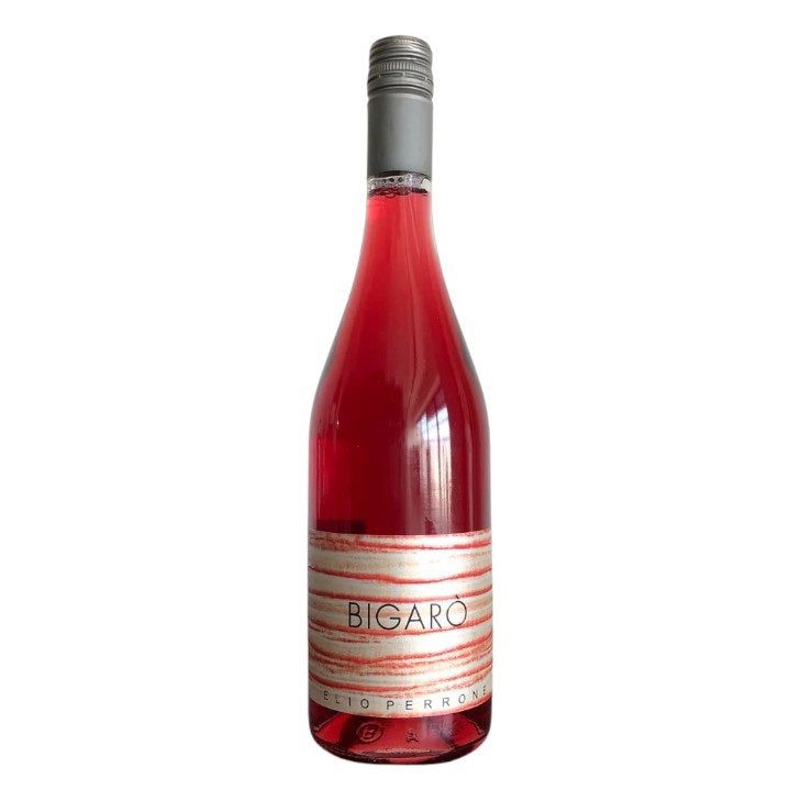 The WINE: ADVINTAGE ELIO PERRONE &#39;BIGARO&#39; Brachetto/Moscato 2022, 375ML features a black screw cap and a white background label with &quot;BIGARO&quot; and intricate black-and-white designs, capturing the elegance of Piedmont&#39;s finest red wines.