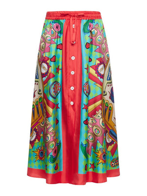 The FRANCO FERRARI Aloe Pinball Skirt boasts vibrant retro-inspired patterns in red, blue, and green on luxurious silk. It features a button-down front and a red waistband with a drawstring.