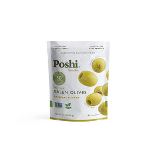 A white resealable pouch of POSHI - OLIVES Premium Green Olives in original flavor. The package highlights "All-Natural," "Gluten-Free," "Keto Friendly," and "30 Calories per Bag." The front features images of ready-to-eat, non-GMO certified, liquid-free green olives. 1.1 oz (30 g).