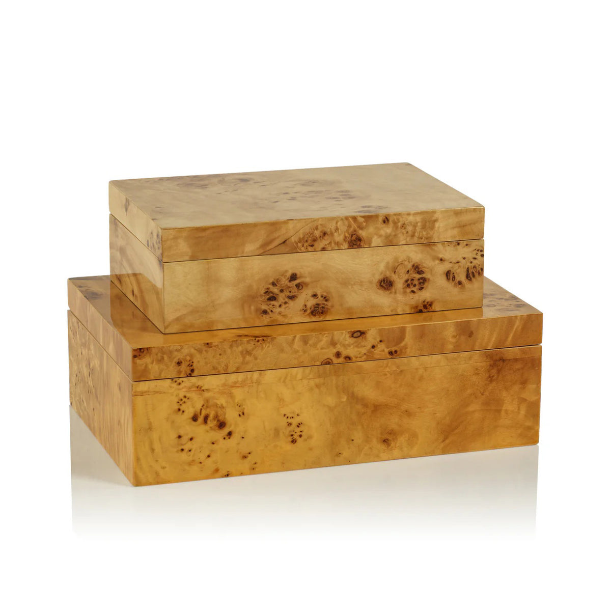 The ZODAX BURL WOOD DESIGN BOX - LARGE is a rectangular MDF box with a glossy, light brown burl wood veneer and natural grain patterns, shown on a white background.
