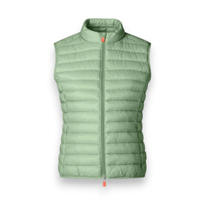 The SAVE THE DUCK - THE ARABELLA VEST is a light gray, sleeveless, padded jacket crafted from lightweight nylon with Plumtech padding and horizontal quilting. It includes a high collar and front zipper for style and functionality against a white background.