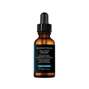 A brown dropper bottle labeled "SKINCEUTICALS - CELL CYCLE CATALYST" by SKIN CEUTICALS, noted as an anti-aging serum. The label highlights it as a corrective treatment boasting renewal, defense, and efficiency to improve cell turnover and reduce fine lines. The bottle's capacity is 30 ml / 1 fl oz.