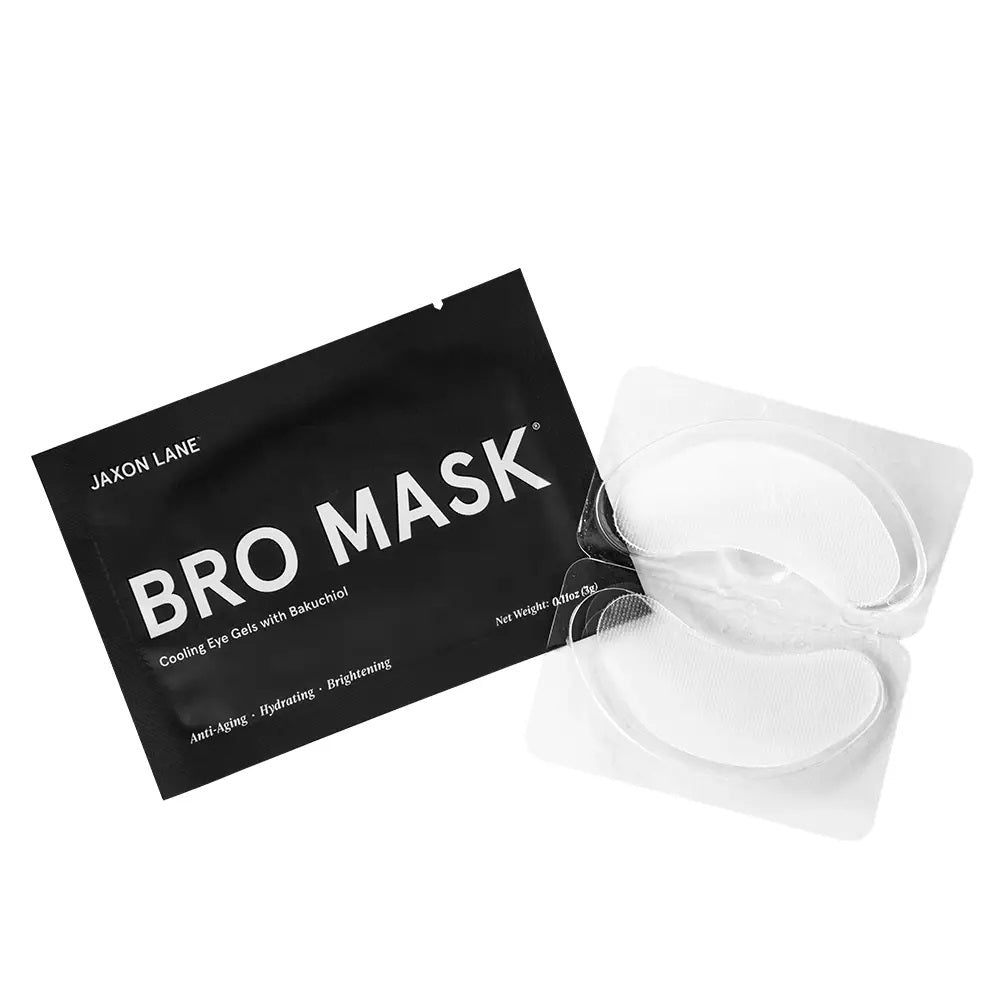 A black JAXON LANE - BRO MASK HYDROGEL COOLING EYE GEL MASKS packet sits beside a clear tray with two white hydrogel eye gels, highlighting anti-aging, hydrating, and brightening benefits—perfect for dark circles.