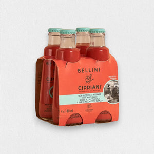 A 4-pack of Cipriani - Virgin Bellini bottles from Zia Pia Imports, each 180ml, is displayed. The bottles are encased in a red and orange cardboard holder with a vintage-style design. The label features an illustration and text indicating white peach puree mixed with sparkling Prosecco. This elegant packaging is perfect for any Cipriani cocktail lover.