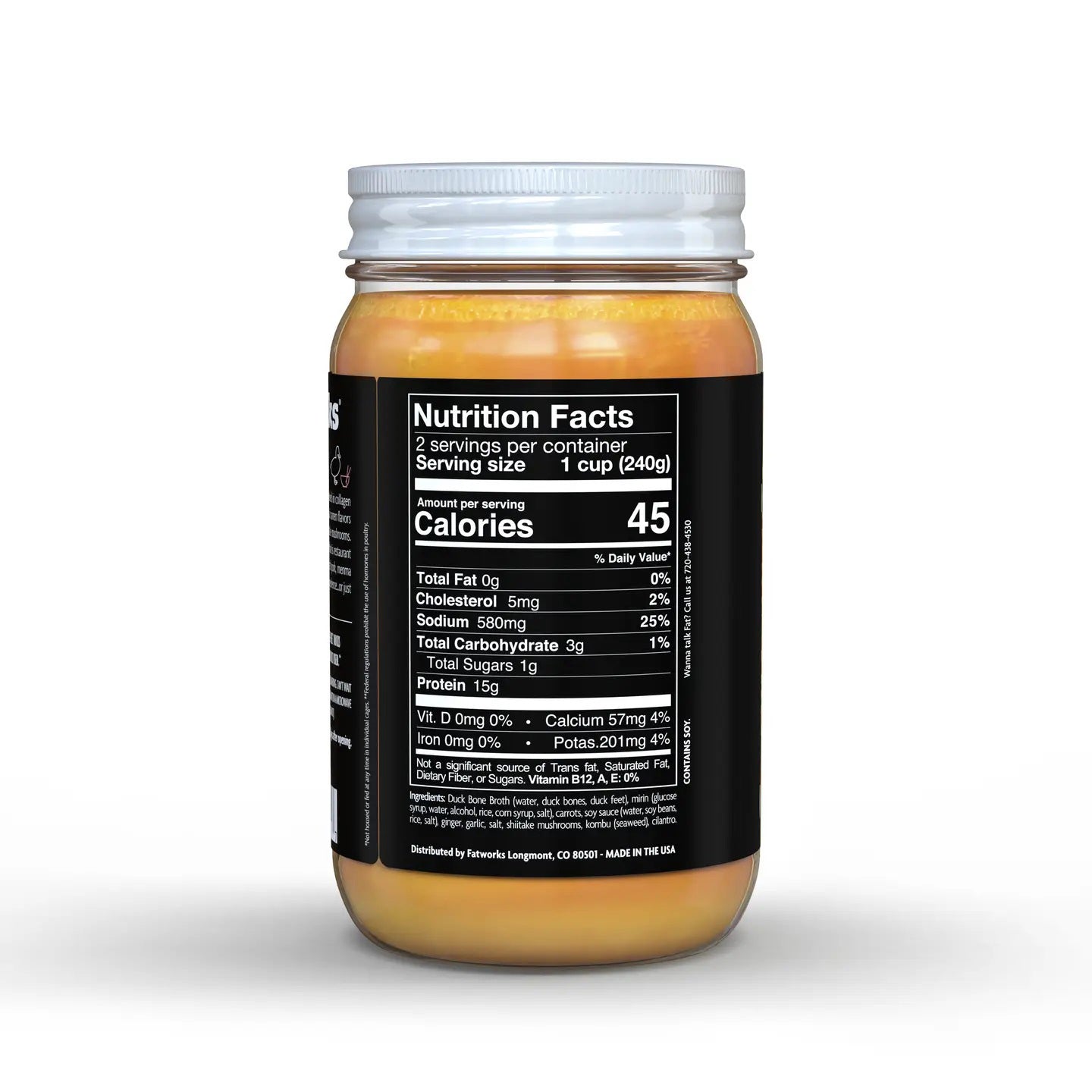 A jar of FATWORKS - RAMEN DUCK BONE BROTH is shown. The clear jar with a white lid reveals golden yellow contents. Labeled "FATWORKS," it highlights being protein-packed and a rich collagen source, perfect for keto diets. Net weight is 15 oz (425g).