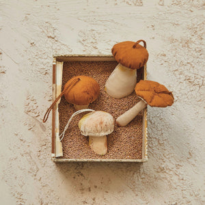 Amidst a textured backdrop sits a square wooden box brimming with small round seeds. Nestled within are five HANDMADE COTTON MUSHROOM ORNAMENTS by CREATIVE COOP, each featuring brown caps and light stems that highlight their exquisite stitching craftsmanship. Some of these mushrooms are adorned with strings, enhancing the display of four distinct styles.