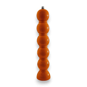 The ADDISON ROSS LONDON - GRANDE SALT OR PEPPER MILL 35CM by ADDISON ROSS is a tall, orange lacquered salt mill with a playful, bulbous design featuring five spherical sections stacked vertically. The top section is slightly smaller and includes a metallic knob for adjusting the grind size. This salt or pepper mill incorporates a ceramic mechanism for efficient grinding.