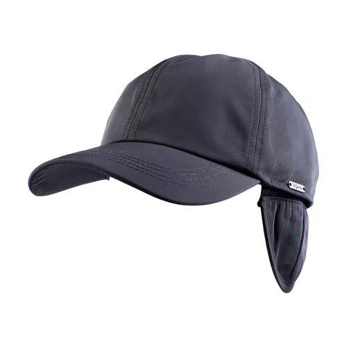 The WIGENS - CLASSIC NYLON BASEBALL CAP WITH FURRUY LINING is a black, water-repellent cap featuring visible stitching on the crown and bill, displayed against a white background.