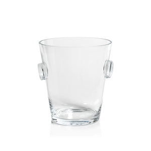 The LA SERENA BEVELED GLASS ICE BUCKET by ZODAX, featuring two round glass handles on either side, measures 17.78 cm x 19.69 cm and is placed empty against a plain white background.