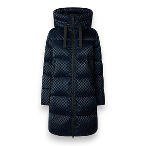 The SAVE THE DUCK - AMARANTA PUFFER COAT by SAVE THE DUCK is a long, black puffer coat with a high collar and hood. It features an eye-catching checkered motif and is crafted from recycled polyester fabric with a glossy finish. The coat includes a full front zipper, two vertical side pockets, and black drawstring ties on the hood.