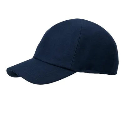 The WIGENS - CLASSIC WOOL BASEBALL CAP by WIGENS is a navy blue winter cap with quilted polyester lining and fold-down earflaps, designed to keep your ears warm and protected in cold weather.