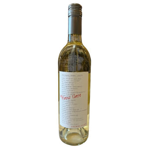 A clear glass bottle of LAUREL GLEN SAUVIGNON BLANC 2021 by FREEDOM BEVERAGE stands upright on a plain white background. The wine has a silver screw cap and a label with red text and black details, showcasing its Russian River Valley origin.