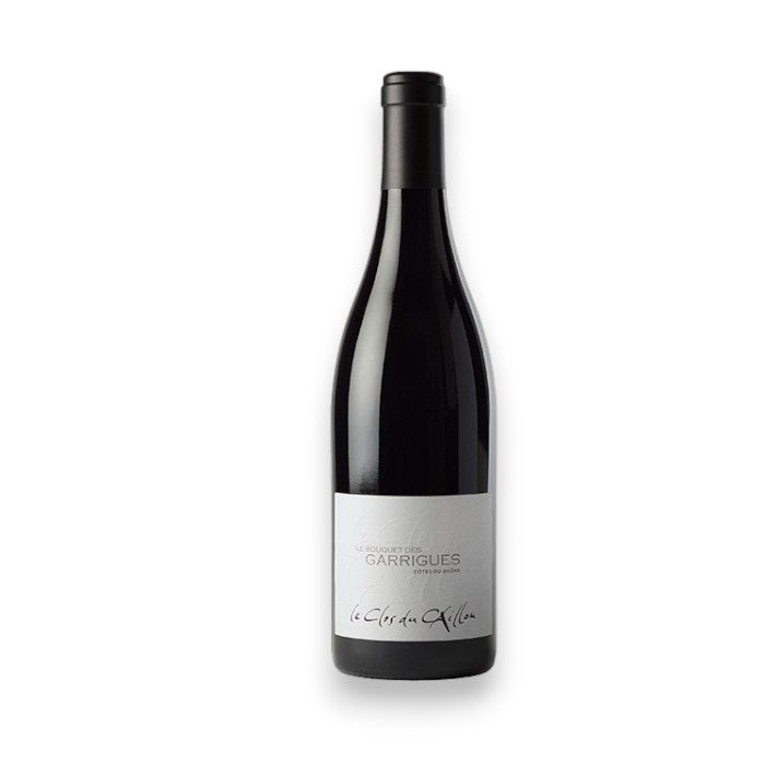A dark glass wine bottle of CLOS DU CAILLOU BOUQUET DES GARRIGUES COTES DE RHONE 2022 from WINE: KELLOGG SELECTIONS stands upright, featuring a black cap and white label, set against a plain white background.