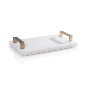 The ZODAX MARBLE TRAY WITH GOLD HANDLES is a rectangular white marble tray with two gold metal handles, ideal for serving or display, shown on a white background.