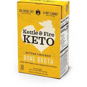 A yellow carton of KETTLE & FIRE - BUTTER CHICKEN KETO BONE BROTH is shown. Nutritional information includes 10g total fat and 1g net carbs per serving. Made from organic, free-range chicken bones and grass-fed butter, it boasts a velvety-smooth finish. The net weight is 16.9 oz (479g) and it's labeled gluten-free.