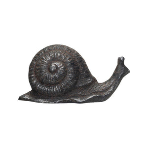 The CAST IRON SNAIL by CREATIVE COOP is a small, dark sculpture featuring a spiraled shell and extended antennae, displayed on a plain white background. The rust finish adds a touch of vintage charm, while the texture and detailing give it a realistic appearance, making it perfect for home decor.