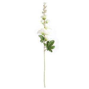 The HOLLYHOCK STEM 36 by NAPA HOME AND GARDEN is a single tall stem featuring realistic artificial white larkspur flowers with green leaves, perfect for home decor. The flowers showcase multiple clusters of small, delicate white blooms arranged vertically along the stalk.