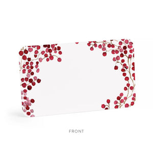 A rectangular card from E.Frances Paper's Red Berries Little Notes collection features a watercolor illustration of red berries and branches against a white background, adorning the top and bottom edges. This minimalistic design highlights natural elements, with the word "FRONT" elegantly inscribed below.